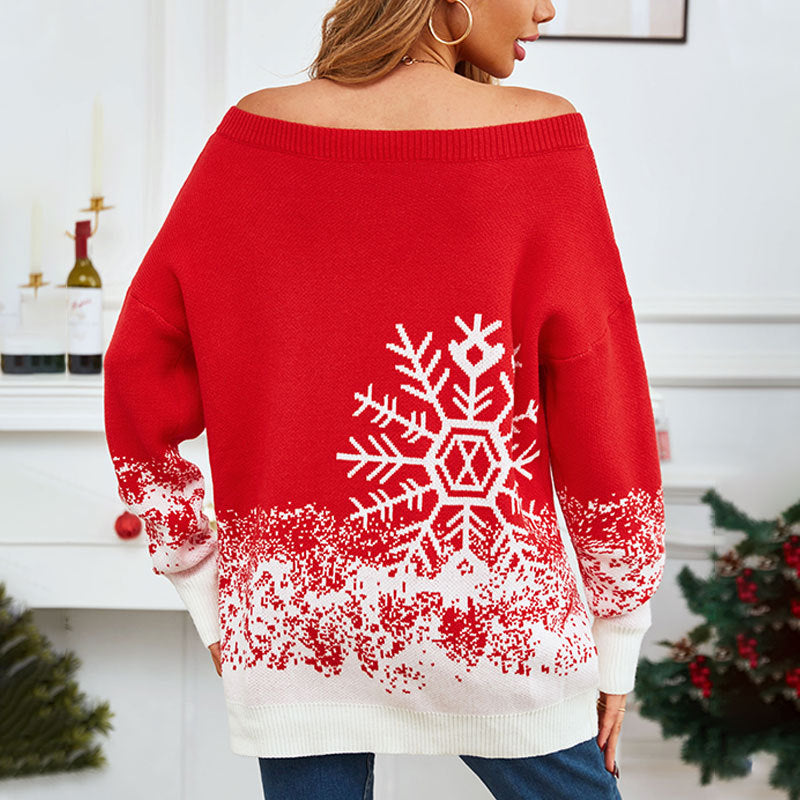 Women's red snowflake jacquard Christmas sweater, view 4 - MRSLM