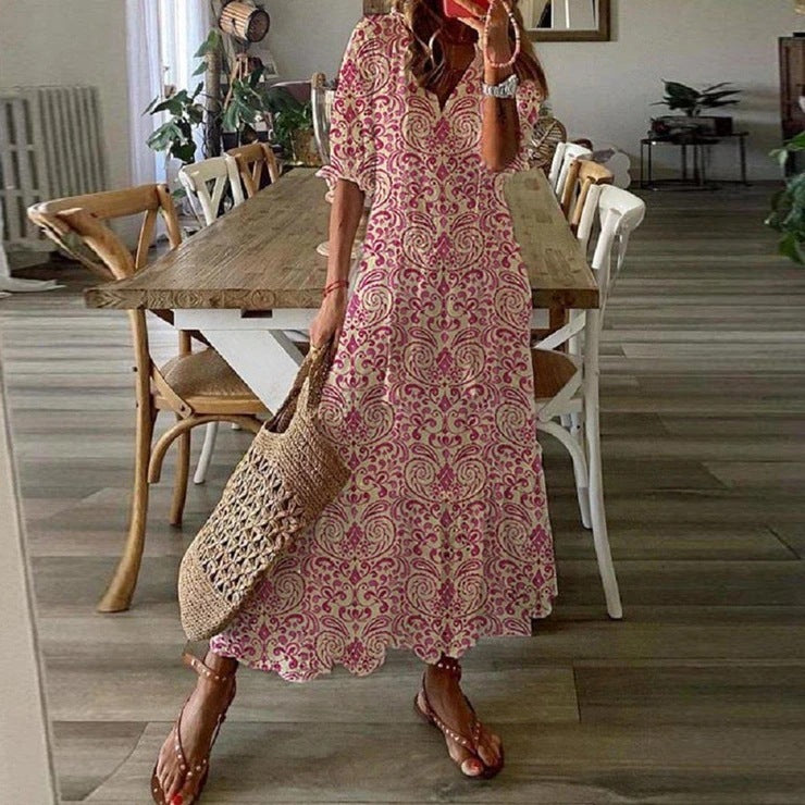 casual v-neck printed mid-length dress - MRSLM