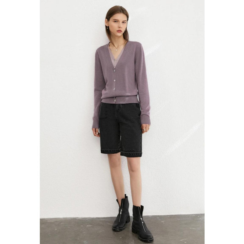 minimalist v-neck wool blend cardigan, view 4 - MRSLM