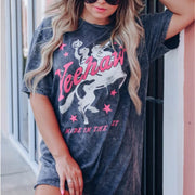 retro letter print round neck mid-length tee, view 2 - MRSLM