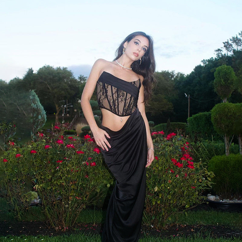 black lace tube top hollow dress - MRSLM
