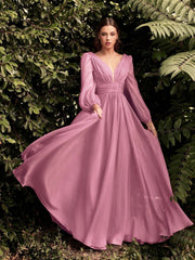 long sleeve chiffon deep V dress, view 8 - MRSLM