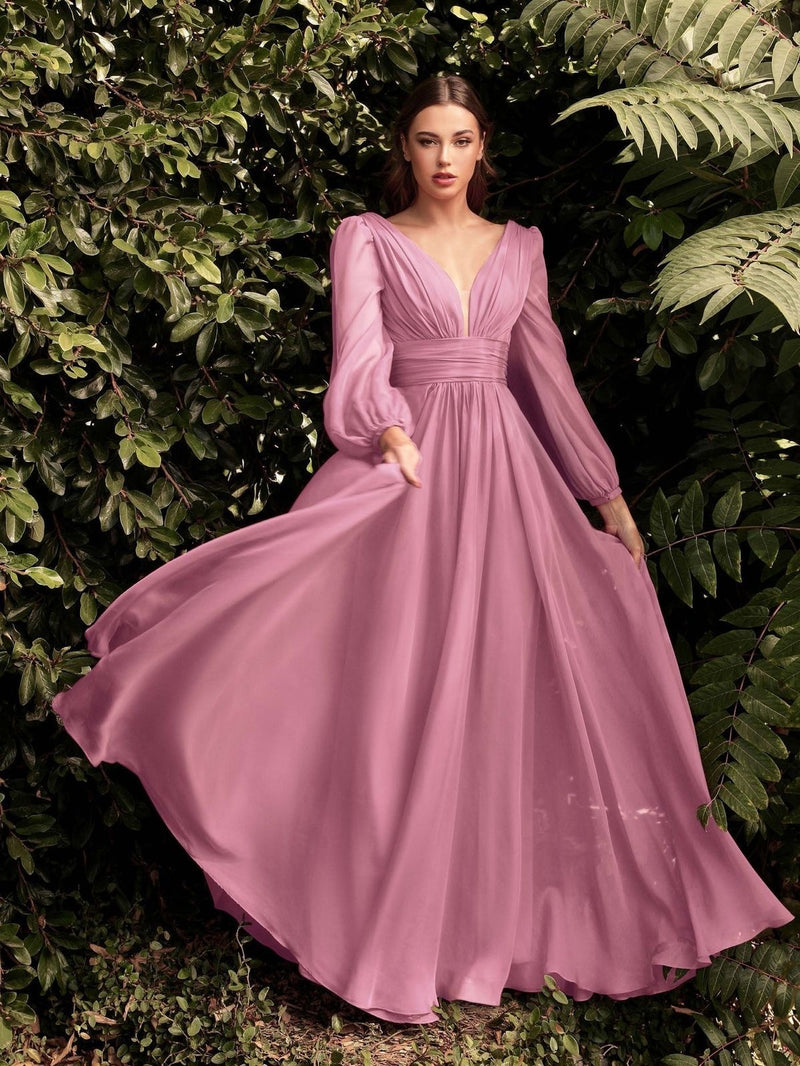 long sleeve chiffon deep V dress, view 8 - MRSLM