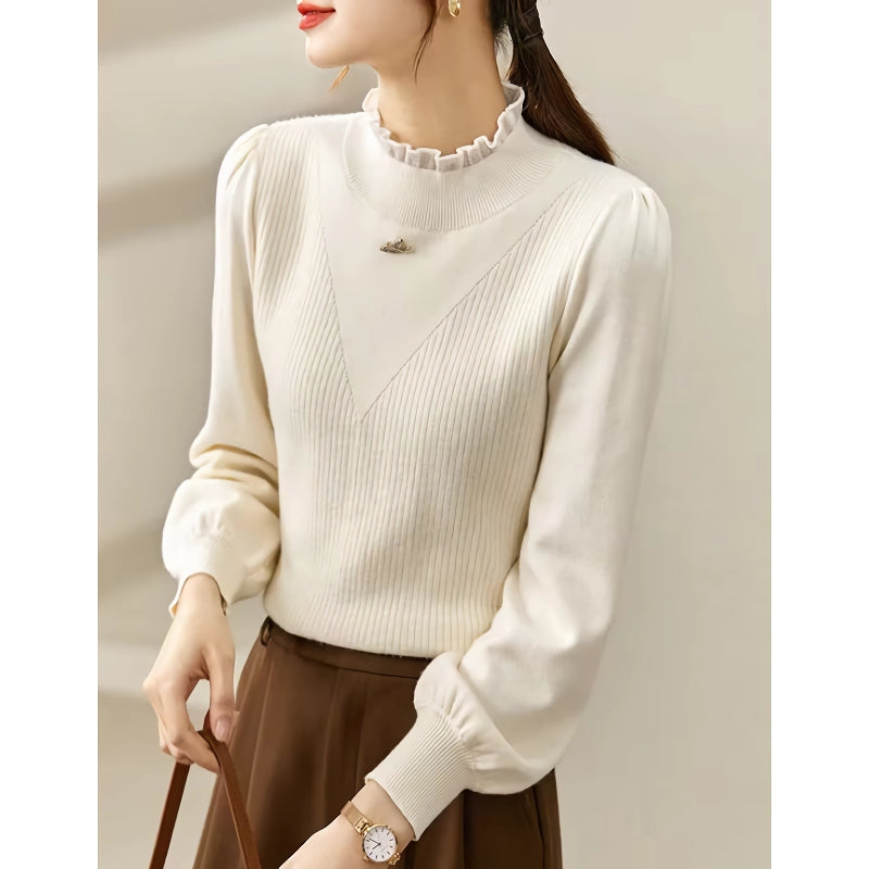 puff sleeve knit sweater with love brooch, view 4 - MRSLM