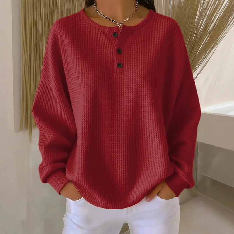 Waffle Long-sleeved T-shirt Fashion Solid Color Buttons Round Neck Pullover Top Women's Clothing