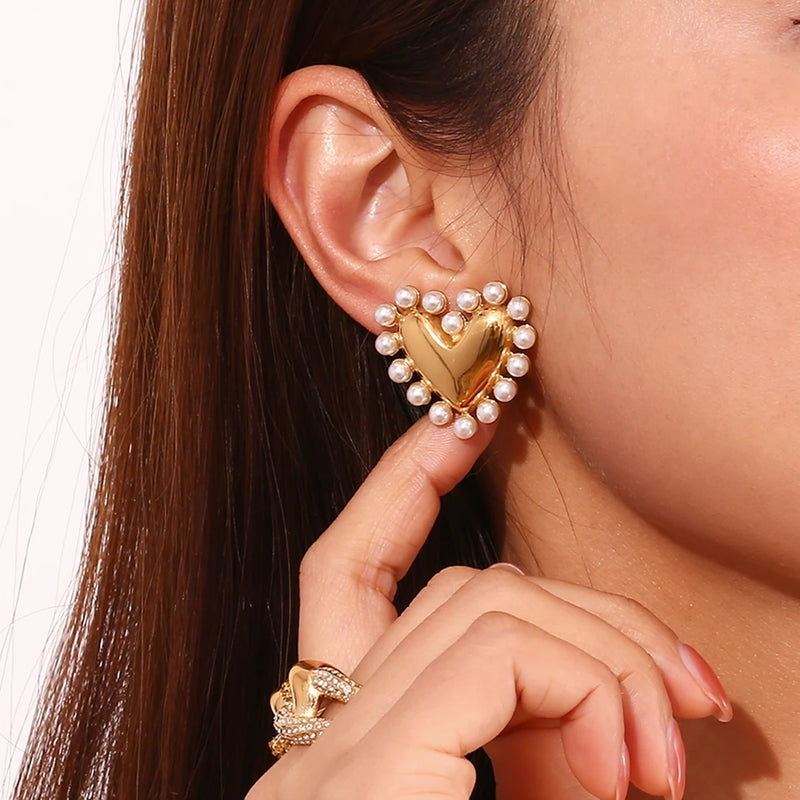 18K gold plated pearl heart hoop earrings, view 4 - MRSLM