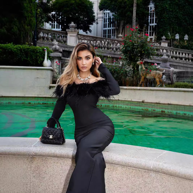 fur collar bandage dress, view 4 - MRSLM