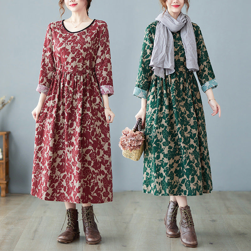 retro art floral print cotton linen dress - MRSLM