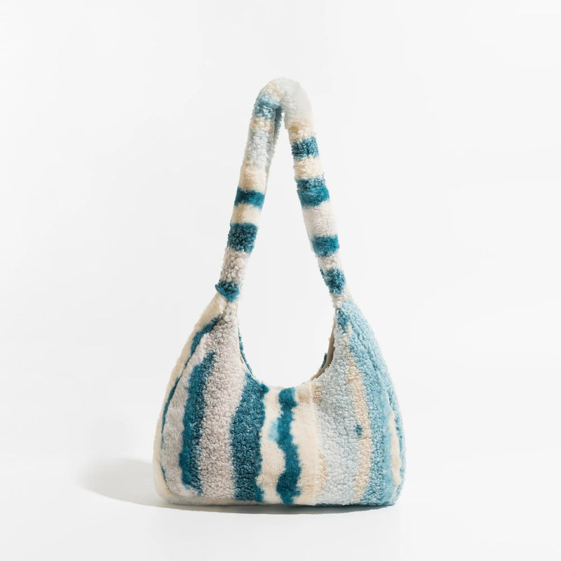 striped faux fur underarm hobo bag, view 2 - MRSLM