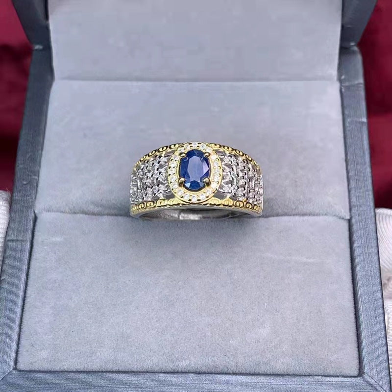 men's natural sapphire silver ring, view 4 - MRSLM