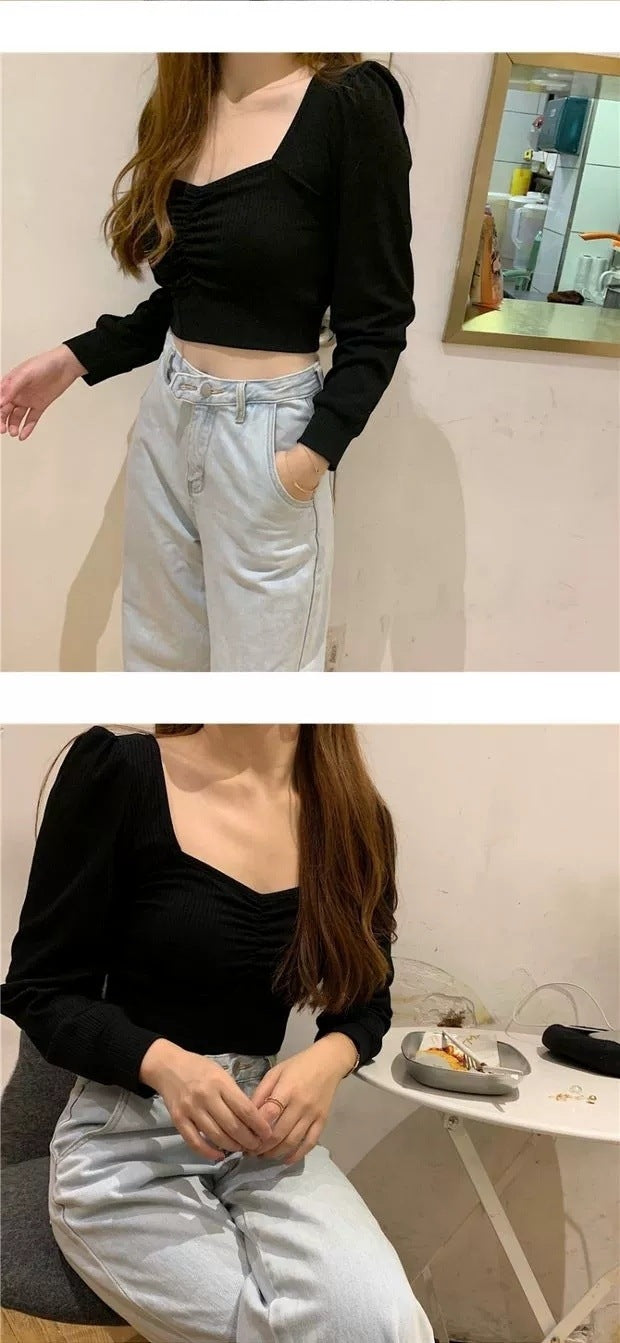 cropped high waist puff sleeve shirt, view 8 - MRSLM