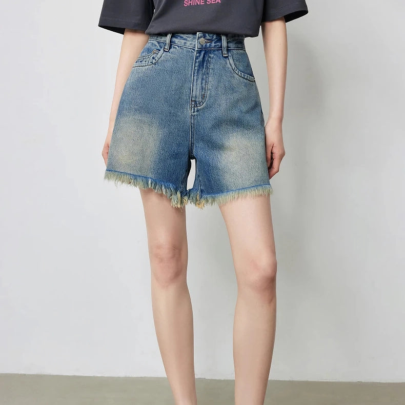 high waist tassel denim shorts, view 4 - MRSLM