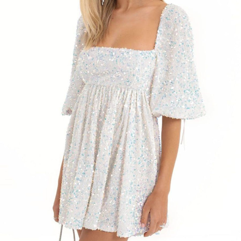 Sequin square collar swing dress, view 3 - MRSLM