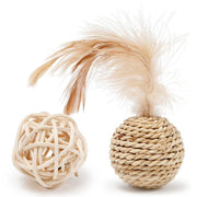 rattan ball and feather bell cat toy set - MRSLM