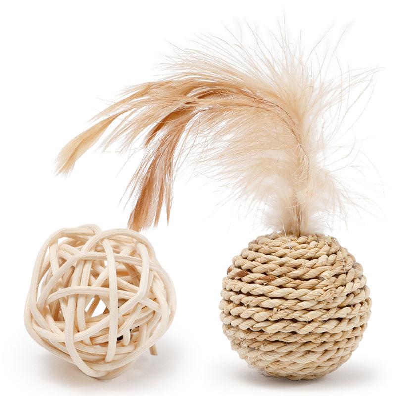 rattan ball and feather bell cat toy set - MRSLM