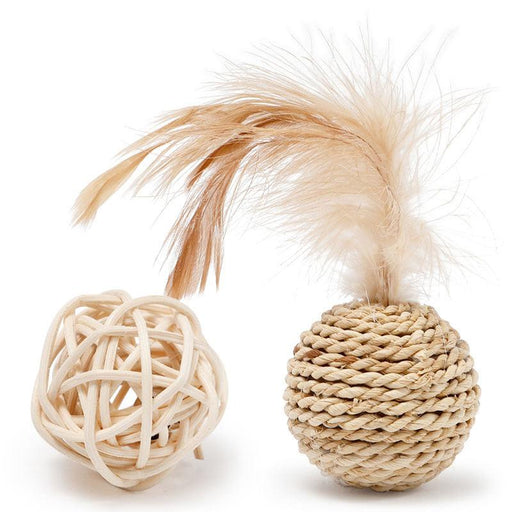 rattan ball and feather bell cat toy set - MRSLM