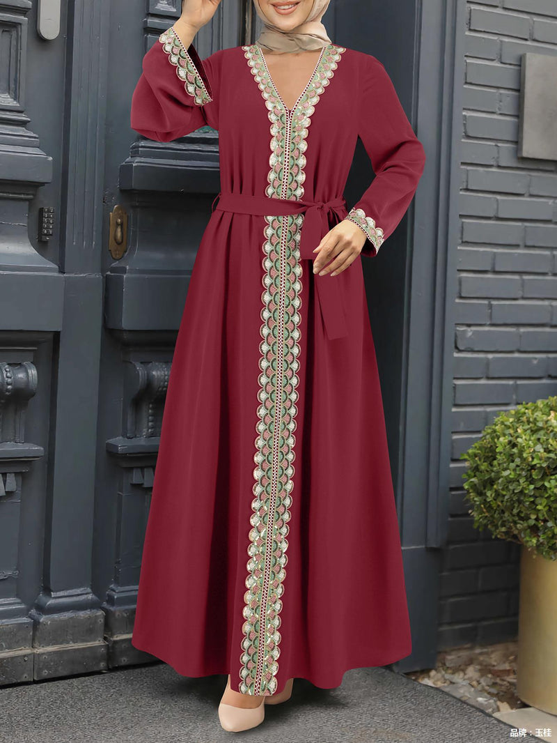 V-neck lace stitching long dress, view 4 - MRSLM
