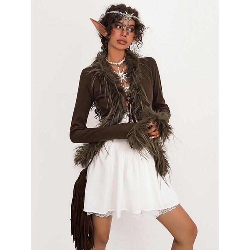 faux fur patchwork knit cardigan, view 7 - MRSLM