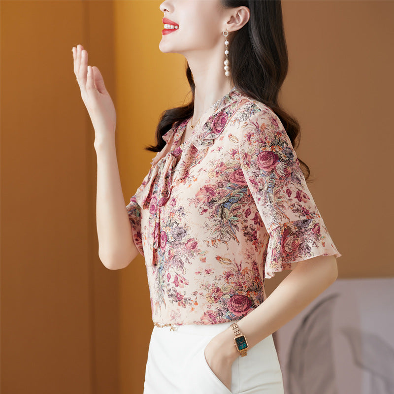 women's floral chiffon v-neck top, view 4 - MRSLM