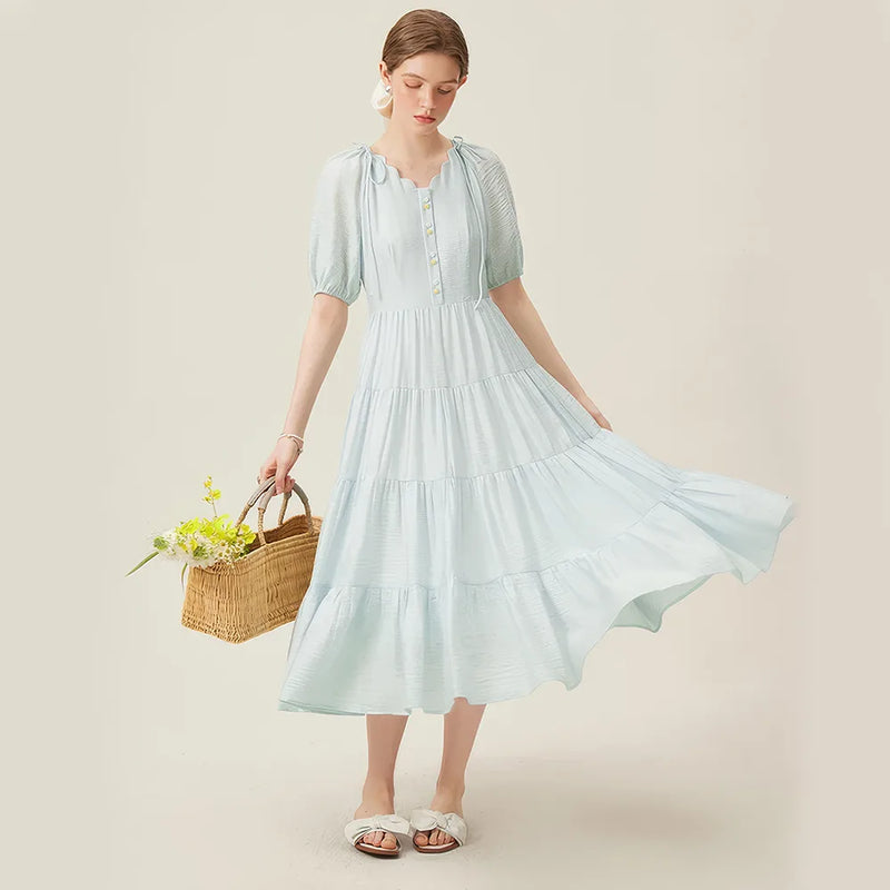 v-neck a-line midi dress, view 4 - MRSLM
