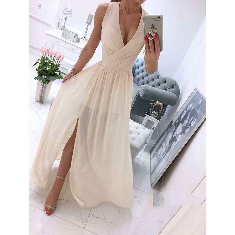 Women's sleeveless V-neck long dress, view 3 - MRSLM