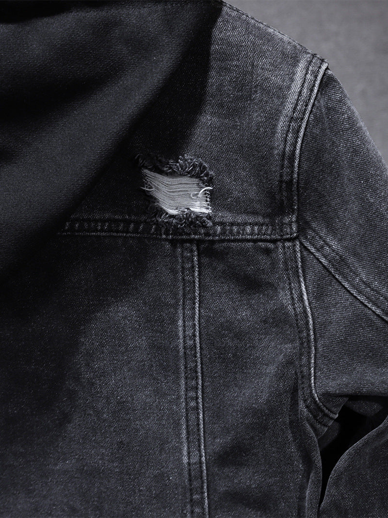 men's hooded denim jacket with holes, view 5 - MRSLM