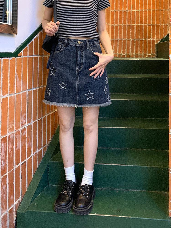Star Embroidery American Vintage Denim Short Skirt Summer Women's High Waist Spice Girl Half Skirt Bag Hip Skirt