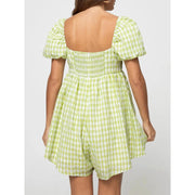 plaid puff sleeve jumpsuit dress, view 7 - MRSLM