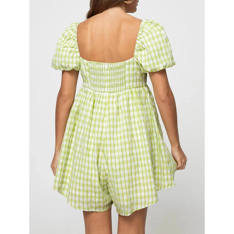 plaid puff sleeve jumpsuit dress, view 7 - MRSLM