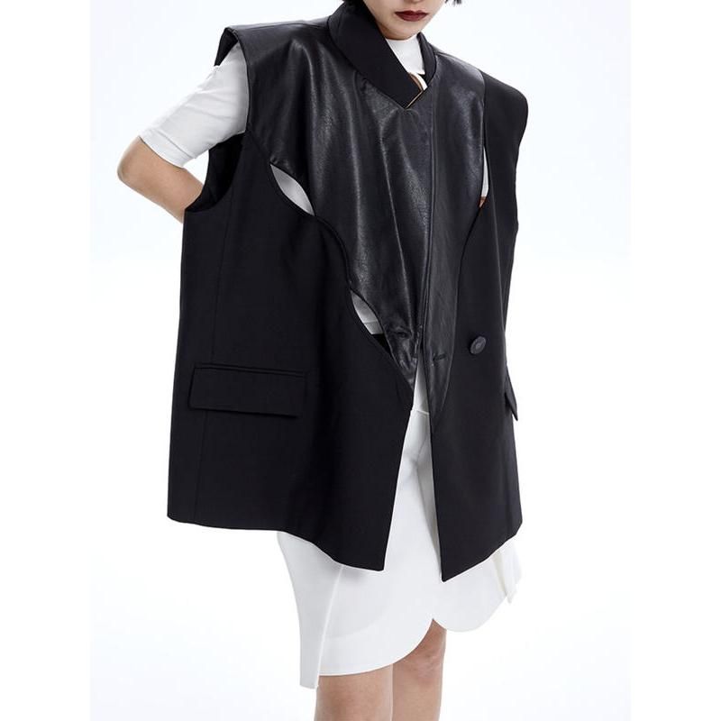 pu leather patchwork waistcoat, view 2 - MRSLM