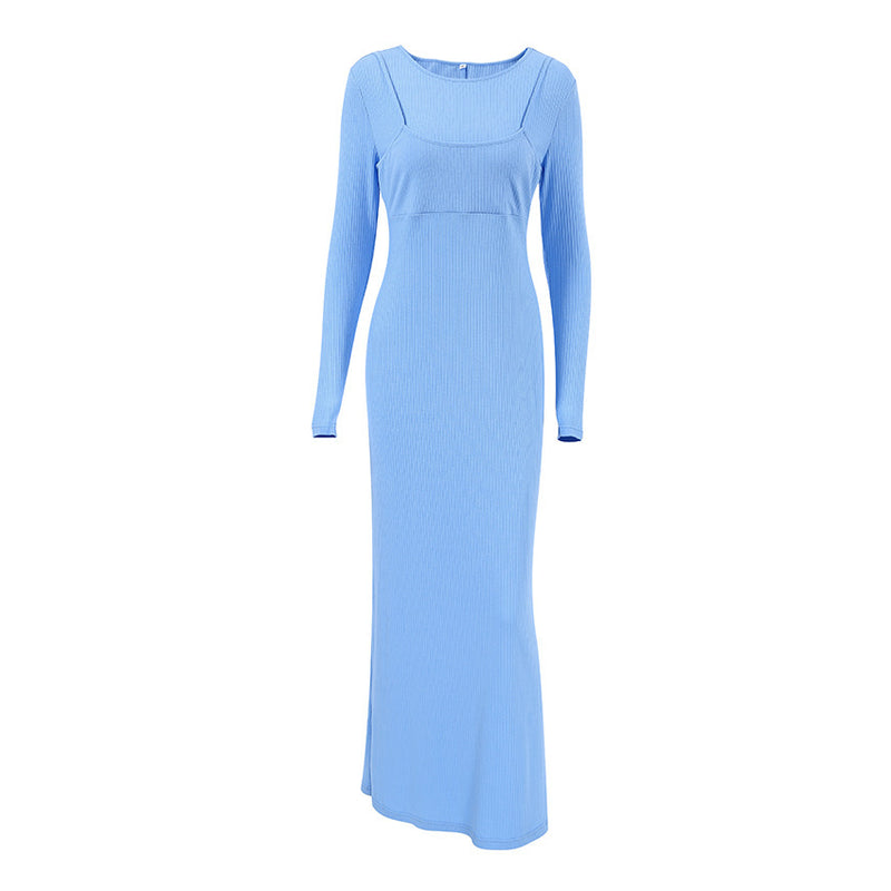 knitted round neck split dress, view 5 - MRSLM