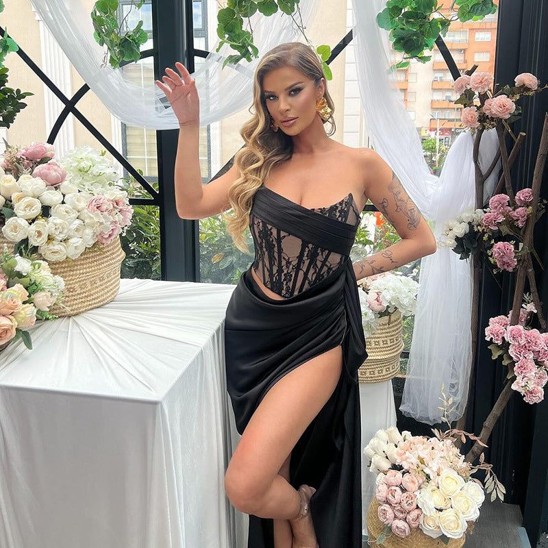 black lace tube top hollow dress, view 2 - MRSLM