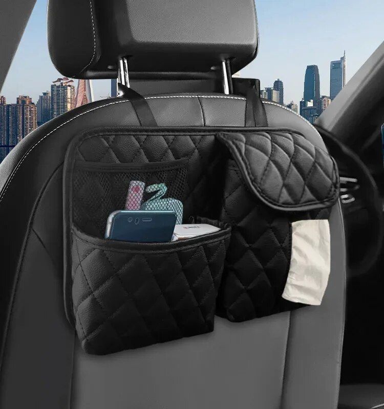 leather car seat back organizer with phone and umbrella holder, view 6 - MRSLM