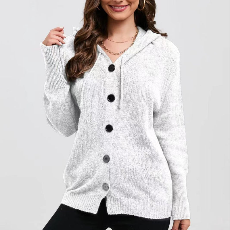 women's hooded single-breasted knit sweater, view 3 - MRSLM