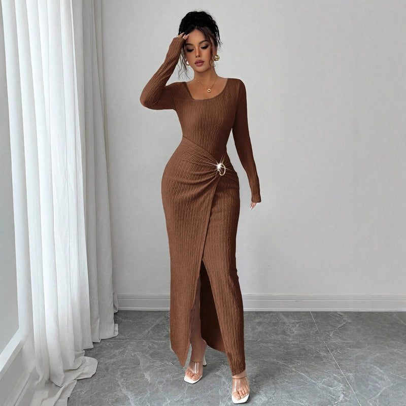 women's knit long dress with irregular neckline, view 4 - MRSLM