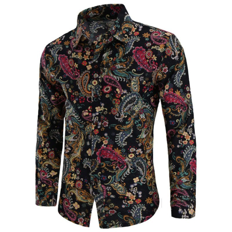 Men's Fashion Long-Sleeved Shirt - Nightclub Floral Print, Slim Fit, British Style