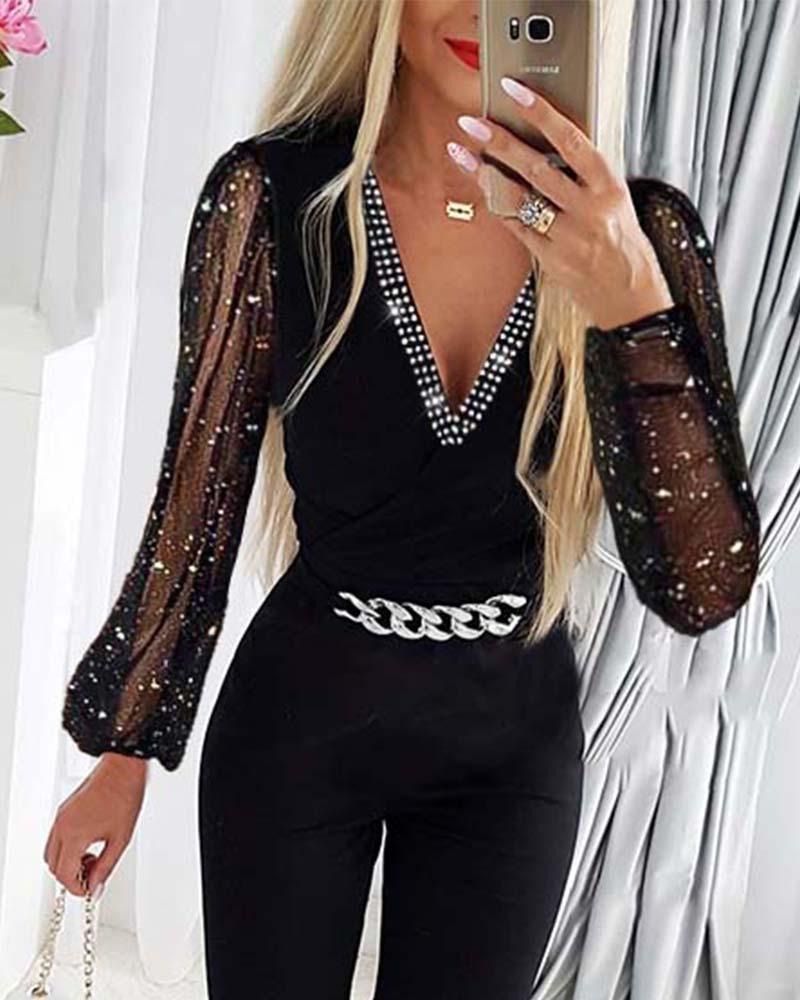 women's v-neck rhinestone mesh jumpsuit, view 2 - MRSLM
