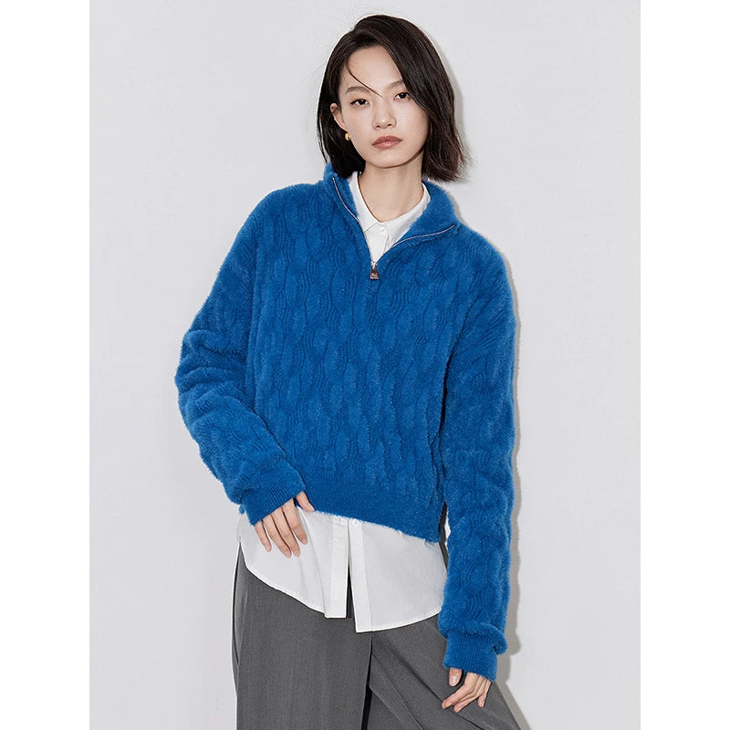 women's grid pattern knitted zipper sweater, view 3 - MRSLM