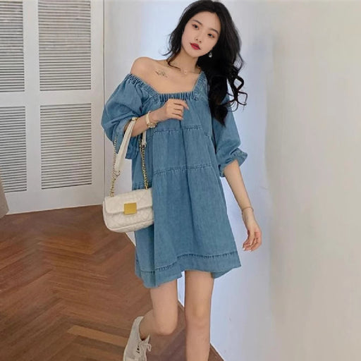 blue square collar denim dress - MRSLM