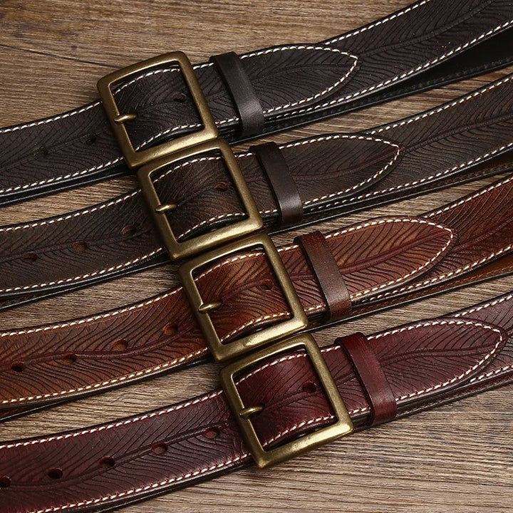3.8CM Vintage Printed Leather Belt – Copper Buckle Cowhide Strap for Men’s Jeans