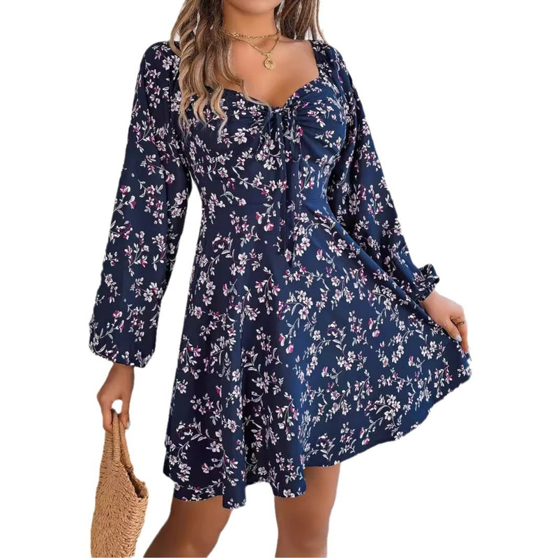 floral lace-up square collar long sleeve dress, view 5 - MRSLM