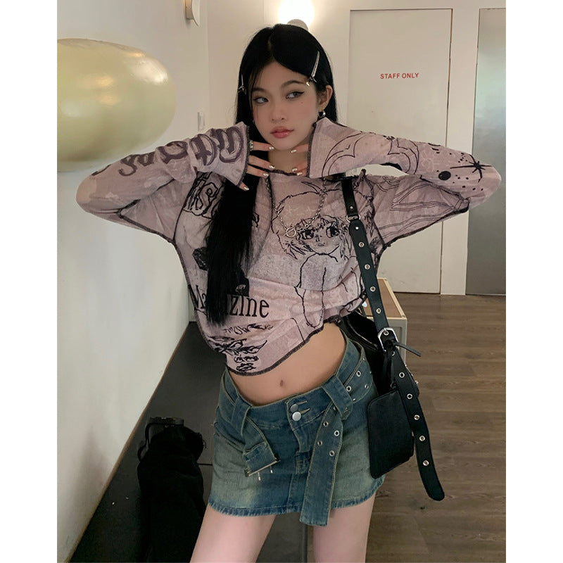 women's pink printed long sleeve cropped t-shirt, view 7 - MRSLM