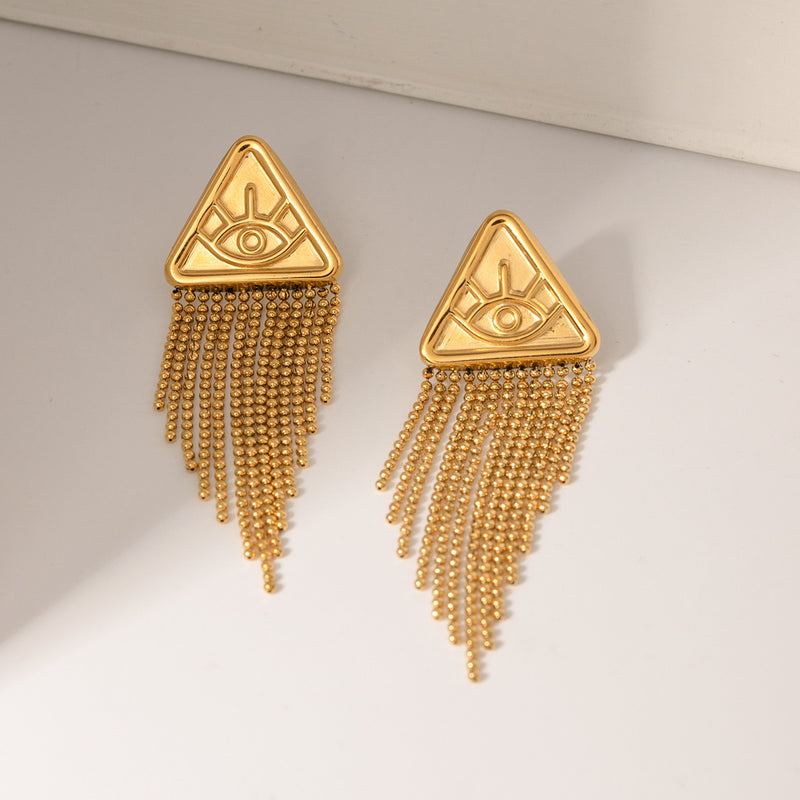 gold triangle drop earrings, view 3 - MRSLM