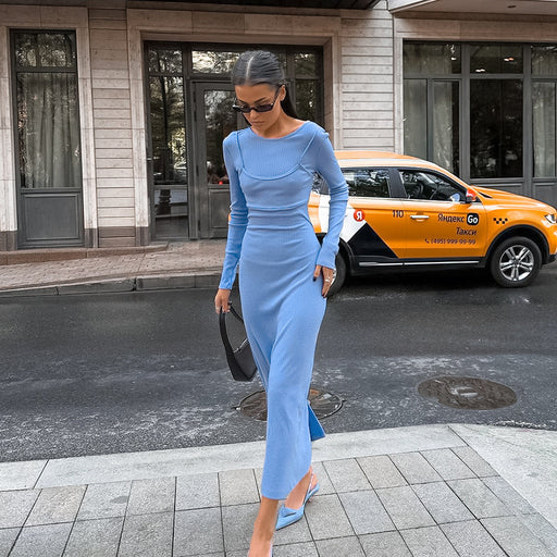 knitted round neck split dress - MRSLM