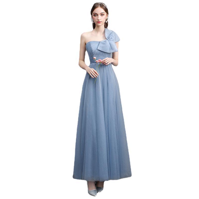 gray-blue off-shoulder banquet dress, view 5 - MRSLM
