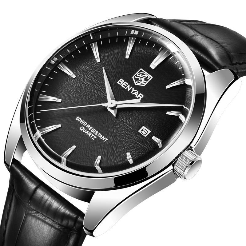 men's 41mm leather band quartz watch, view 4 - MRSLM