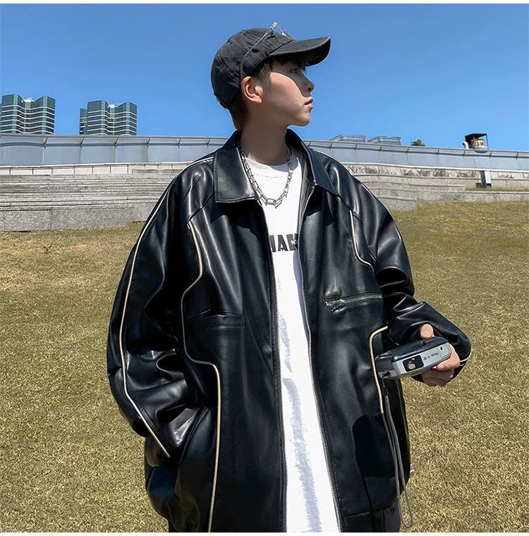 men's loose pu leather coat, view 9 - MRSLM