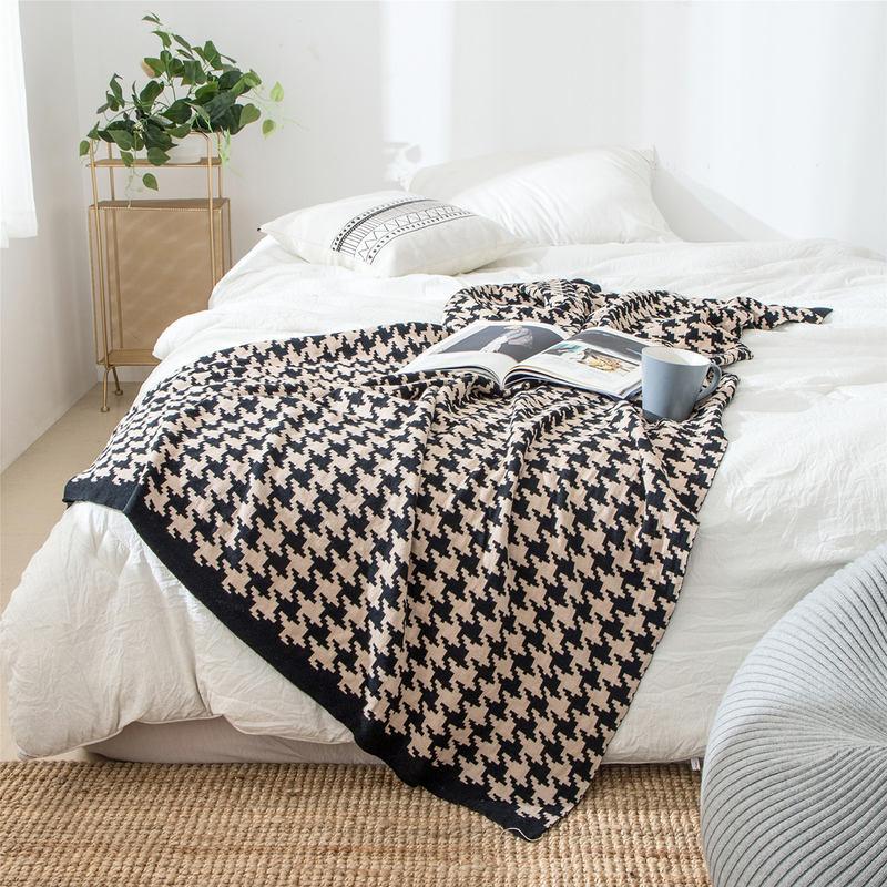 classic houndstooth plaid cotton knitted blanket - MRSLM