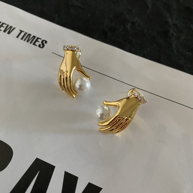 women's pearl small hand earrings, view 5 - MRSLM