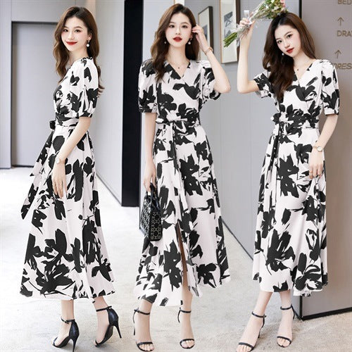 V-neck printed short sleeve dress, view 2 - MRSLM